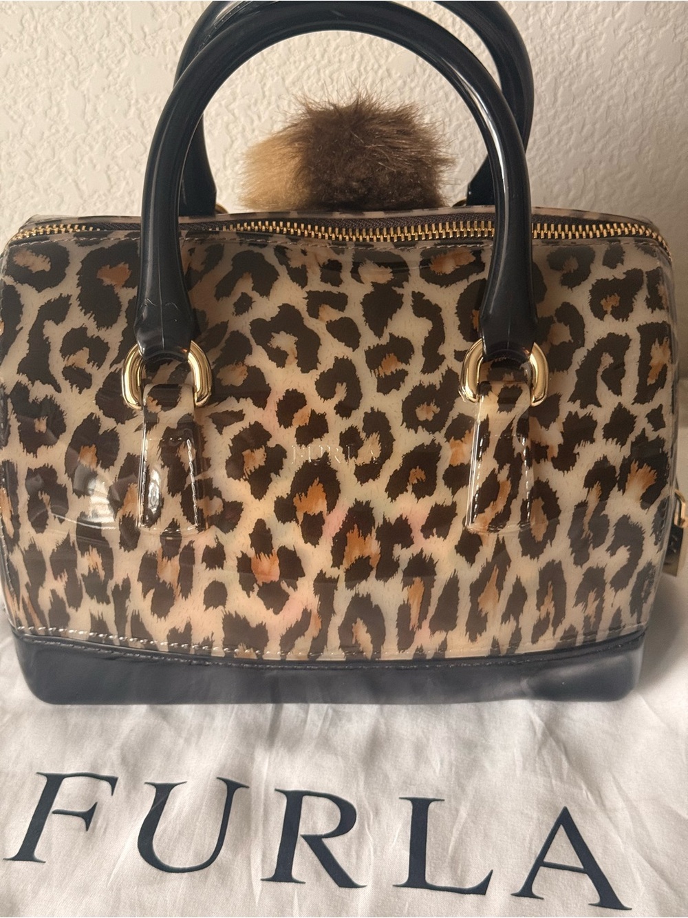 Furla Leopard-Print Dome Satchel with Black Trim and Pom-Authentic!! - Picture 6 of 11